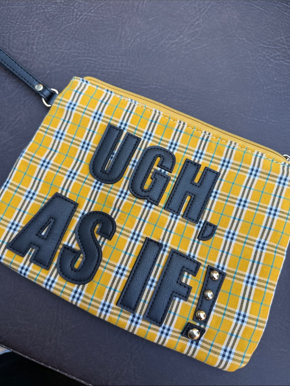 Olivia Miller Yellow Plaid Wristlet with Black Lettering make up Clueless